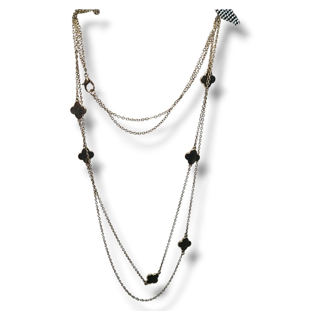 Gold Tone Quatrefoil Station Necklace 38" Long Layered Clover Style